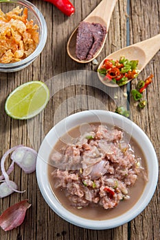 Top view of thai spicy food with shrimp paste