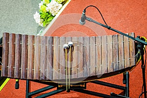 Top view of the thai traditional musical instrument , wooden alto xylophone with microphone