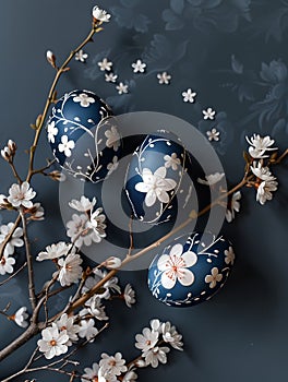 Top view of three blue eggs lying on the table decorated with applique with white flowers