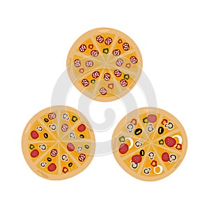 Top view of three different delicious italian pizzas