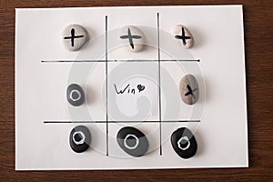 Top view of tic tac toe game on white paper with pebbles marked with naught and cross, and win inscription photo