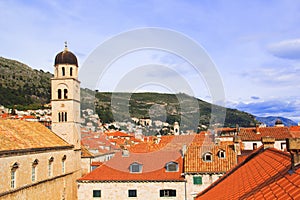 Top view of the tile roofs and the sea in the Italian style in Dubrovnik, Croatia