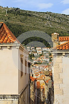 Top view of the tile roofs and the sea in the Italian style in Dubrovnik, Croatia