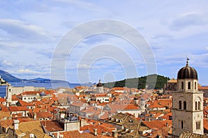 Top view of the tile roofs and the sea in the Italian style in Dubrovnik, Croatia