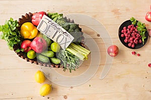 top view of time to detox card and various healthy vegetables, fruits and berries
