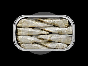 Top view of a tin can with sardines inside.