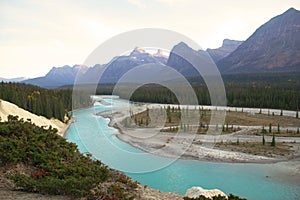 Top view to the Athabasca river and the range of Rocky mountains