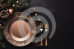 Top view to empty plate on dark background with Christmas decorations. Christmas, New Year background