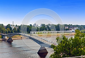 The top view to Great Novgorod - the bridge through Volkhov and Yaroslavovo dvorishche.