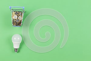 Top view to mini shopping trolley with euro coints and light lamp bulb on light geen background. Electricity cost and