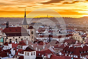 Top view to red roofs skyline of Prague city Czech republic