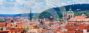 Top view to red roofs skyline of Prague city, Czech Republic. Aerial view of Prague city with terracotta roof tiles, Prague,