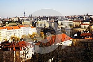 Top view to red roofs skyline of Prague city, Czech Republic. Aerial view of Prague city with terracotta roof tiles