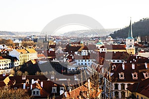 Top view to red roofs skyline of Prague city, Czech Republic. Aerial view of Prague city with terracotta roof tiles, Prague,