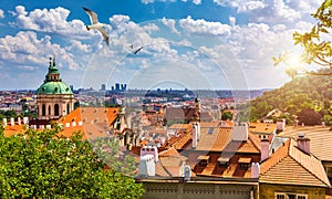 Top view to red roofs skyline of Prague city, Czech Republic. Aerial view of Prague city with terracotta roof tiles, Prague,