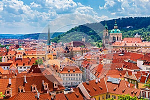 Top view to red roofs skyline of Prague city, Czech Republic. Aerial view of Prague city with terracotta roof tiles, Prague,