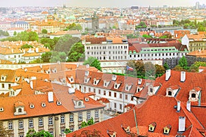 Top view to red tile roofs of Prague city Czech republic. Typical Prague houses