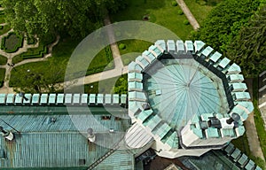 Top view to roof of castle Hluboka nad Vltavou with garden