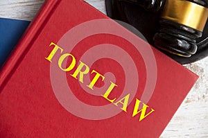 Top view of Tort Law book with gavel background. Law concept