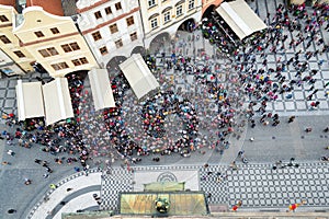 Top view of tourist crowd in old town square in Prague