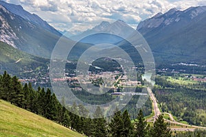 Top view of a town Banff in a Bow river valley