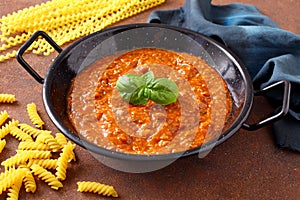 Traditional Italian Bolognese sauce in metal pan