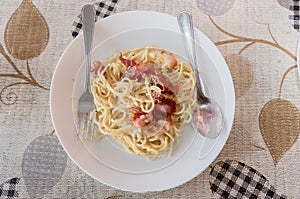 Top view of traditional Italian spaghetti bolognese