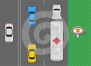 Top view of a traffic flow and tank truck loaded hazardous materials. No vehicles carrying dangerous goods sign area.