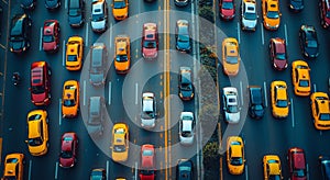 Top view of traffic jam during rush hour in large city on summer evening with many cars.Macro.AI Generative