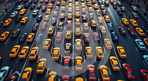 Top view of traffic jam during rush hour in large city on summer evening with many cars.Macro.AI Generative