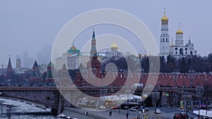 A top view of traffic near the Kremlin, Moscow. Winter cold, Moscow river, overcast dark day