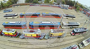 Top view of trams wagons in depot. View from