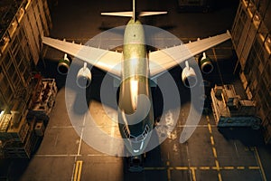 Top view of a transport aircraft in the cargo terminal of the airport. Crates and containers are ready to be loaded onto