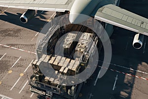 Top view of a transport aircraft in the cargo terminal of the airport. Crates and containers are ready to be loaded onto