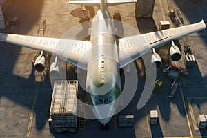 Top view of a transport aircraft in the cargo terminal of the airport. Crates and containers are ready to be loaded onto