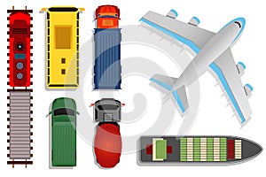 Top view transport vector illustration. Cargo moving by truck and plane, ship and train isolated on white background