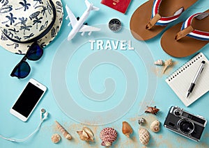 top view of travel gadgets