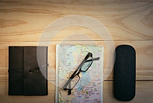 Top view of Traveler`s accessories, Essential vacation items, Tr