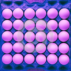 Top view of a tray of chicken eggs in unnatural neon lighting.