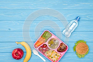 top view of tray with kids lunch for school, bottle of water and fruits on blue