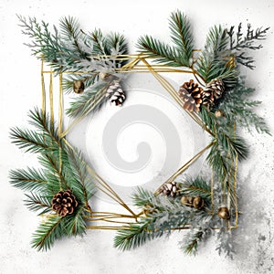 Top view of tree branches red berries and pine cones, Christmas ornaments with copy space on white background, Ideal for texts,