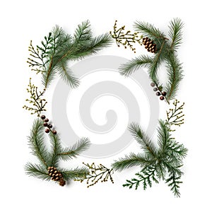 Top view of tree branches red berries and pine cones, Christmas ornaments with copy space on white background, Ideal for texts,