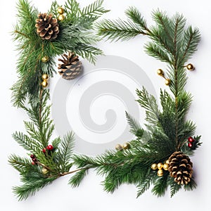 Top view of tree branches red berries and pine cones, Christmas ornaments with copy space on white background, Ideal for texts,