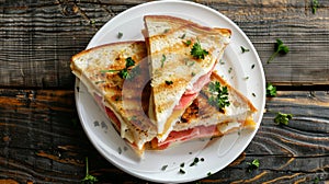 Top view of triangular ham and cheese grilled sandwich on white plate on wooden table