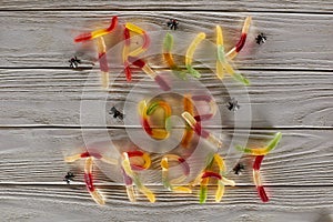 Top view of trick or treat lettering made of colorful gummy sweets on white wooden table with spiders, Halloween treat.