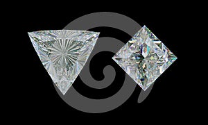 Top view of trillion and princess cut diamond on black