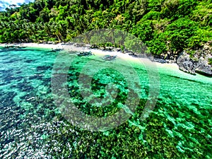 Top view of a tropical island with palm trees and blue clear water. Aerial view of a white sand beach and boats over a coral reef