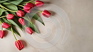 top view of tulips on wooden table