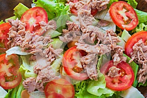 Top view tuna salad with red tomato, fresh lettuce. Hight vitamins and low fat for loose weight. Heathy food concept