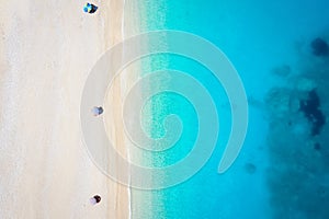 Top view of the turquoise colored sea of the famous Myrtos beach on the Greek island of Kefalonia